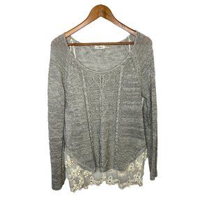 BLU PEPPER GRAY SWEATER WITH LACE TRIM LARGE